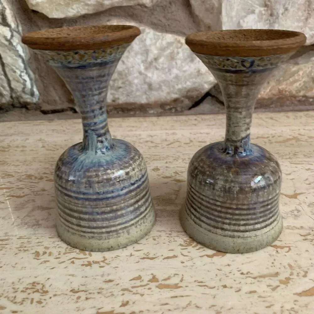 Set of two pottery goblets with purple & blue  drippy glaze.